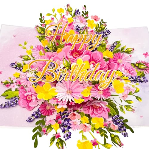Hierein Birthday Cards for Women, 3D Pink Flower Happy Birthday Card for Female, Pop Up Card for Ladies, Mum, Wife, Sister, Auntie, Daughter, Special Friend, Popup Gift Greeting Cards