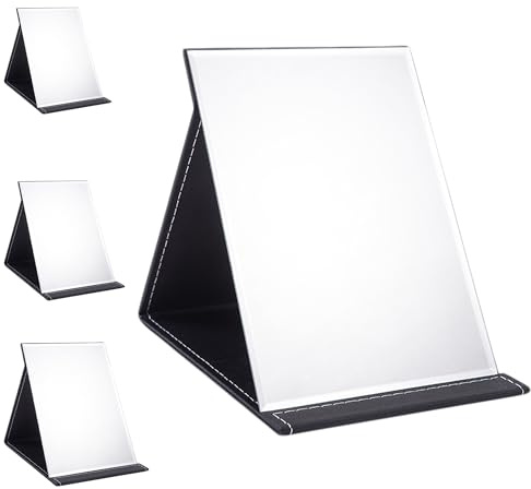 MAEXUS Reisespiegel Klappbar,21 * 15cm,Schminkspiegel Klappbar,Tischspiegel mit Mehrfach-Standwinkel,Schwarz PU-Leder,Schminkspiegel Klein,Super HD Kosmetikspiegel,Make Up Spiegel (M)
