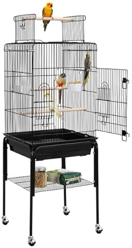 Soberine Gabbia per Uccelli Pappagalli con Supporto Calopsite in Metallo Tetto Apribile Posatoi Nero