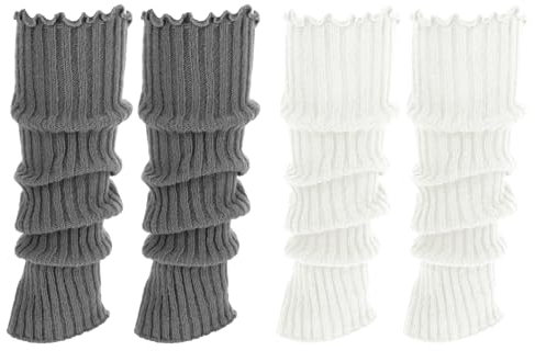 JIYIN 2 Paar Damen Leg Warmers, Stricken Legwarmers Winter Weich Lange Socken Hohe Fußlose Kniestrümpfe Stulpen Beinstulpen für Winter Warme (Weiß+Grau)