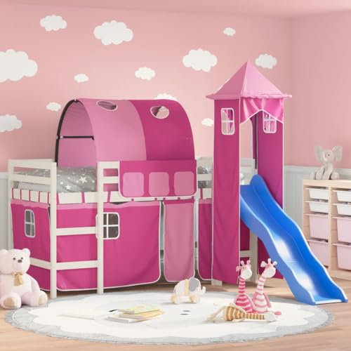 OHOOWOO Kinderhochbett mit Turm Rosa 90x190 cm Massivholz Kiefer,Kinderhochbett mit Rutsche und VorhangSet | Spielbett aus massivem Kiefernholz für Kinderzimmer