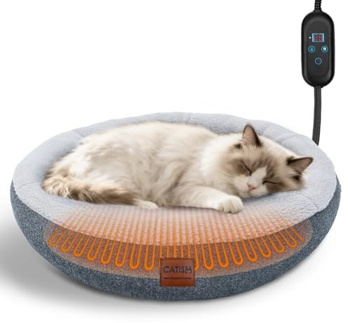 CATISM Beheiztes Katzenbett Heizmatte, Haustier Heizdecke Katzenkissen Heizungsliege Katzenhöhle, Timing & Temperatur Einstellbar Sicher Elektrisch Haustier Katzenkorb für Katzen 48 * 30 * 10cm