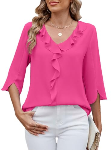 ABINGOO Mujer Gasa Blusas Manga 3/4 Cuello en V Volantes Shirt Elegante Verano Color Sólido Túnica Casual Camiseta(Rosa,M)