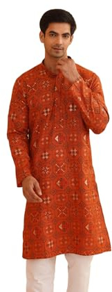 Sojanya Depuis 1958, Kurta long en coton mélangé imprimé uniquement pour homme, Orange, Medium