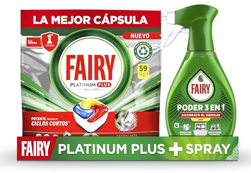 Fairy Platinum Plus Cápsulas De Lavavajillas Todo En Uno Limón, 59 Cápsulas + Fairy Poder Sin Remojo Limón Spray, Vajilla y Cocina, Antigrasa, 500ml
