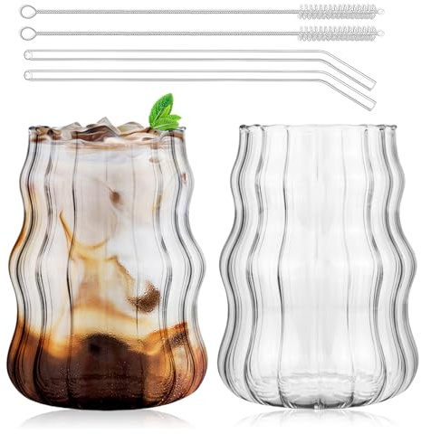 2 Stück 530ml Glasbecher Mit Deckel Und Strohhalm, Gerippte Trinkgläser Set, Bubble Tea Becher, Eiskaffee Gläser Mit Glasstrohhalme, Geriffelte Gläser, Glaswaren, Tassen Für Tee, Milch