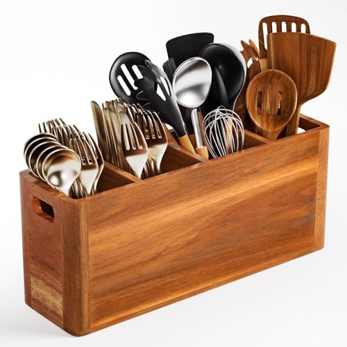 Portautensili extra large per bancone da cucina, in legno di acacia, con 4 scomparti, organizer da cucina per riporre spatole e posate, ideale come regalo di Natale per la decorazione della fattoria