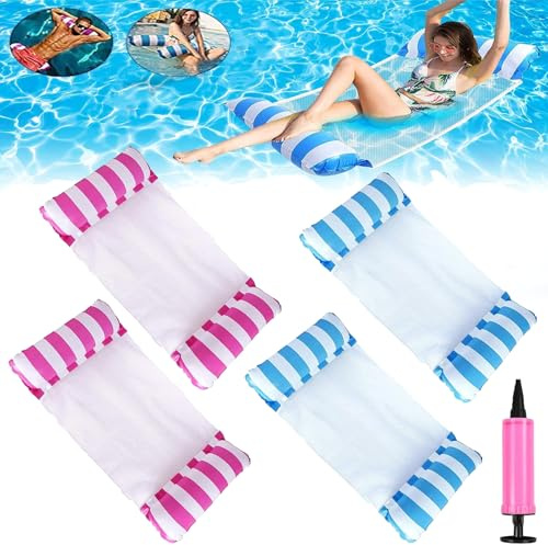 AOMAIGAD 4 Pcs Wasserhängematte, Aufblasbares Schwimmbett Pool für Erwachsene, Sommerspiele, Strandparty, zusammenklappbares aufblasbares Poolbett mit 1 Luftpumpe (4PCS-2 Rot 2 Blau)
