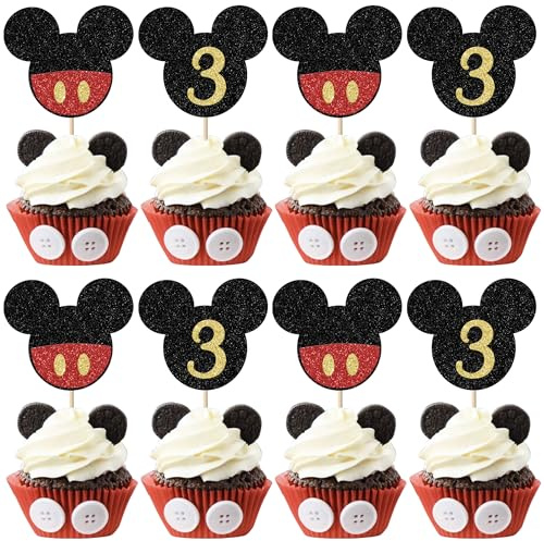 SYKYCTCY 24 Pack Mouse Inspired Third Birthday Cupcake Toppers Glitter Bow Mini Mouse Cupcake Picks Baby Shower Kids Boys Girls 3rd Birthday Party Cake Decorations Supplies Black Red