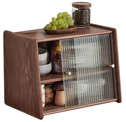 Buffet de cuisine en bois massif finition noyer avec portes coulissantes en verre autonome pour bouteilles, plats et bols, design compact (44,5 cm)