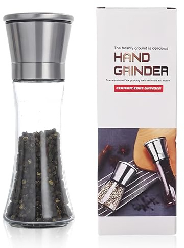 Salt and Pepper Grinder Bottles, Adjustable Coarse and Fine Salt Glass Containers, Large-Capacity Stainless Steel Reusable Manual Spice and Pepper Grinder