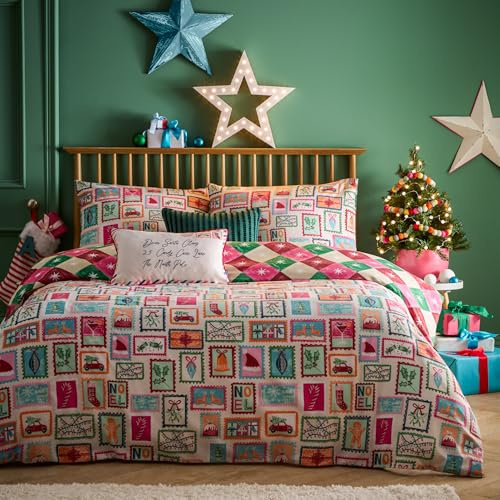 furn. Dear Santa Set Copripiumino (Multicolore - King) | Reversibile Festivi Francobolli Natalizi Geometrici Policotone Biancheria Da Letto Facile Da Curare