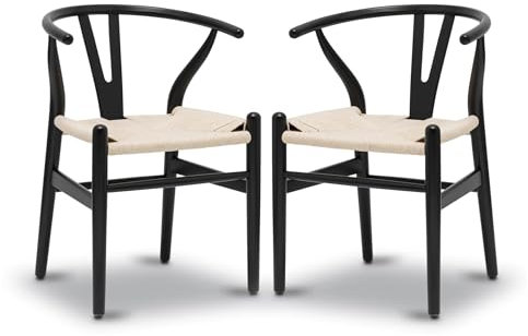 Lot de 2 chaises Y en bois massif du milieu du siècle – Design Wishbone – Chaises de salle à manger avec accoudoirs et assise en chanvre en frêne et finition noyer (noir)