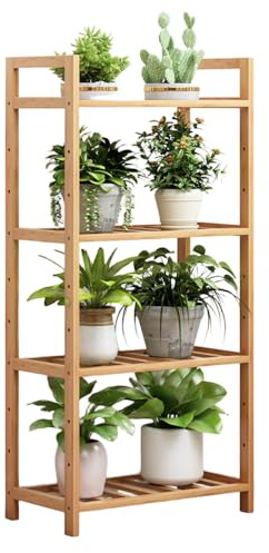 Laneryin Pflanzenregal mit 4 Ebenen, Bambusregal, Bambusleiter-Bücherregal, Freistehendes Aufbewahrungsregal für Wohnzimmer, Badezimmer, Küche, Balkon
