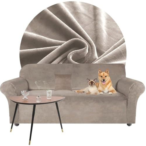 Domidekor - Sofa Überzug Beige - Couch und Sofabezug 3 Sitzer - Sofaüberwurf für Wohnzimmer - Sesselbezug Stretch - Elastische Samt Couchbezug - Breite 190-230cm - Oeko-Tex 100