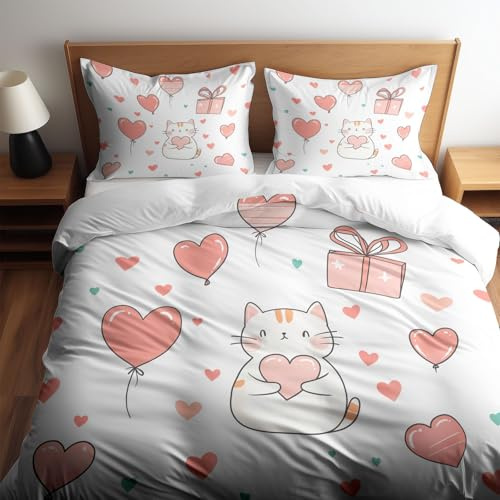 Housse de Couette Réversible 200 x 200 cm Blanc, Housse de Couette Chat Dessin Animé Ballons et Cadeaux pour Enfants Adolescents Adultes - Parure de Lit Doux et Respirant pour Décoration de La Chambre