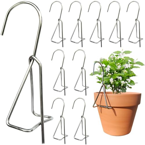 KOROI Lot de 10 crochets de suspension pour pots de fleurs en terre cuite, supports de pots de fleurs pour pots en argile, robustes et épais en acier inoxydable, support mural et de clôture pour