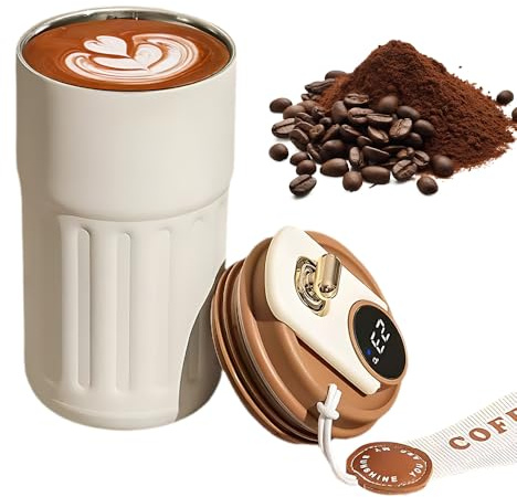 Coffee Thermos Mug, TGKYK 450ml Flask with Temperature Display, Thermal Mug, Insulated Coffee Mug, Portable Coffee Cup for Hot&Cold Drinks, Home, Travel, Office (Brown)