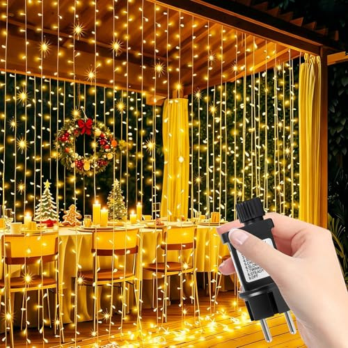 YIBONIKA Ljussgardin för utomhusbruk 6 m x 3 m, 600 LED-ljusslingor, gardin med kontakt, 8 lägen, minne och timerfunktion, vattentät ljusslinga, gardin för juldekoration rum, balkong, utomhus, inomhus