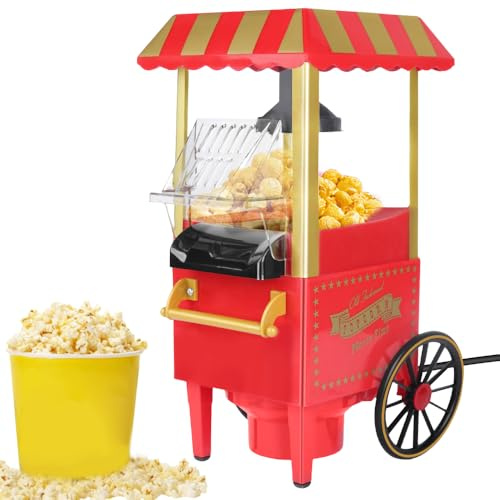 Popcornmaschine, Retro Heißluft Popcorn Maschine für Zuhause, fettfreier & gesunder Maissnack, Popcorn Maker ohne Öl, ideal für Filmabend & Weihnachten, Rot