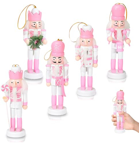 Soldato schiaccianoci in legno rosa per Natale, 5 pezzi da 12,5 cm, ornamento in legno, decorazione da tavolo per albero di Natale, piccolo soldato schiaccianoci, pupazzo da appendere per albero