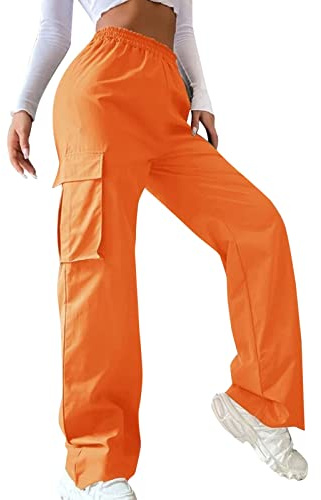 2026 - Pantalones de pierna ancha con cinturón para mujer, cintura alta, pierna recta, estilo relajado, estilo casual, naranja, M
