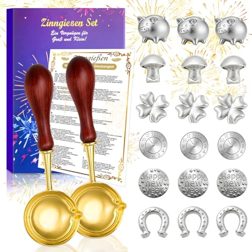 Silvester 2026, Zinngießen Set mit 18 Zinnfiguren und 2 Löffeln, gesunder und sicherer Ersatz für Bleigießen, inklusive Orakelheft, ideal als Partyspiel, Geschenk und Glücksbringer.