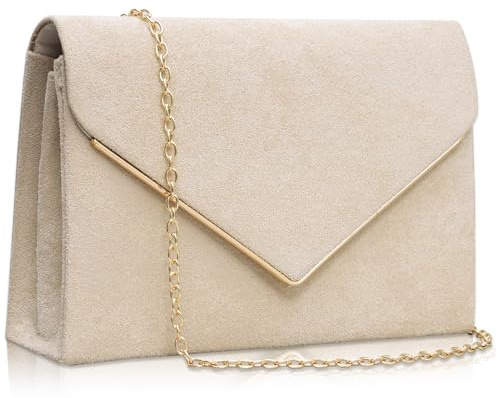 Larcenciel Bolso Mujer Albaricoque, Elegante Bolso de Mano de Terciopelo con Cadena Desmontable, Sobre Clutch Fiesta de Noche de Ante Clásico con Divisor Multiusos para Boda, Fiesta, Cena, 22x15x5CM