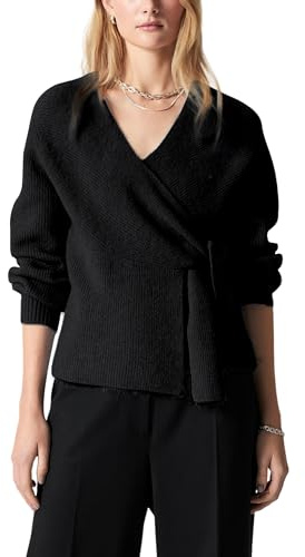 Aedceal Women's Knitted Wrap Cardigan V-Neck Long Puff Sleeves with Self-Tie Belted Waist Sweater Tops(Black-L)