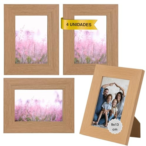 MARCOFOTO Marco de Fotos para Pared - Set de 4 Portafotos MDF con Cristal, uso vertical u horizontal - Decoración hogar u oficina, diplomas - Color Madera 9x13 cm