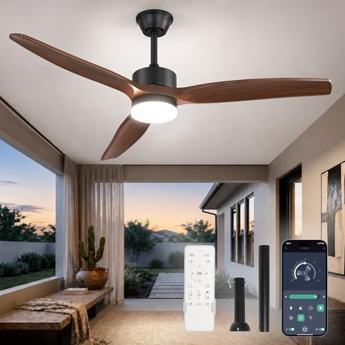 ZMISHIBO Ventilador de Techo con Luz 132 cm, 3 Aspas ABS Color Nogal, Motor DC Silencioso 35 dB, LED Regulable 3000–6000K, App y Mando, 6 Velocidades, con Barras de Suspensión