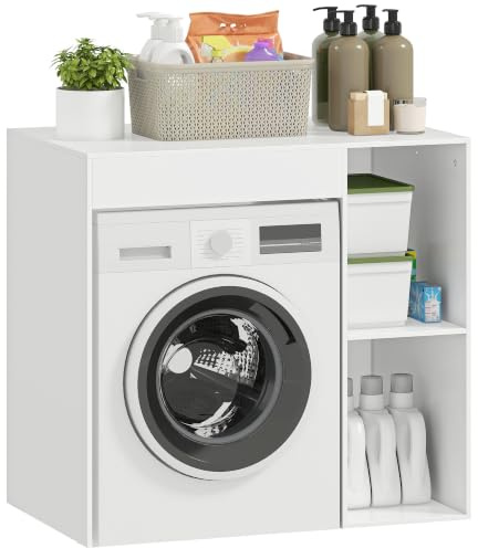 HOMCOM Waschmaschinenschrank Badschrank mit Offene Fächer 90x60x90,5cm Weiß | Überbauschrank für Waschmaschine, für Badezimmer und Toilette