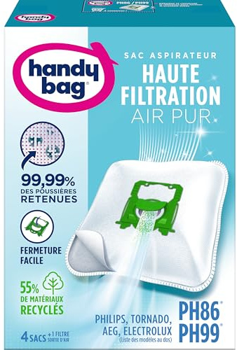 Melitta Handy Bag - PH86/PH96 - 4 Sacs Aspirateurs, pour Aspirateurs Philips, Electrolux, AEG et Tornado, Progress, Standard-Bag et Zanussi, Fermeture Hermétique, Filtre Anti-Allergène, Filtre Moteur