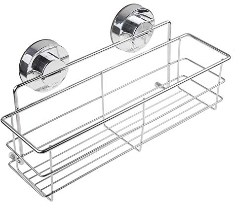 Strong Suction Shower Caddy Organiser Basket Bathroom Shelf Storage Wall Mounted SUS304 Stainless Steel Kitchen Rack No Drilling, Sliver ‎11.8 x 3.2 x 3.2