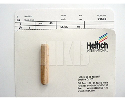 HKB ® 40 Stück Holzdübel, geriffelt, Holzstift, Ø = 8mm Länge = 40mm, Hersteller Hettich, Artikel-Nr. 89361