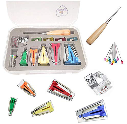 HONEYSEW Bias Tape Maker Kits All 5 Sizes 6MM 9MM 12MM 18MM 25MM Binding Foot Craft Clips Awl Quilter's Pin