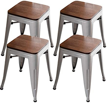 Modern Industrial Metal Stool Classroom Stools with Wooden Seat [Set of 4] Stackable 18 Dining Chair Short Stools