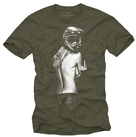 MAKAYA Motorcykel T-Shirt Herrar - Pin Up Girl Med Motocross-Hjälm - Motorcykelkläder Grön Storlek XL
