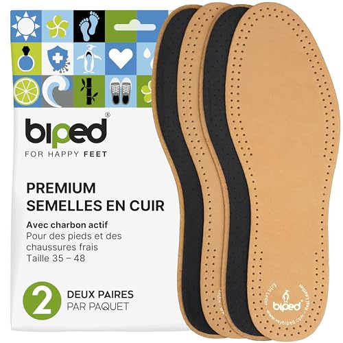 biped 2 par premium lädersulor med aktivt kol - Andningsbara sulor mot svettiga fötter - Mjuka lädersulor för män och kvinnor z2763(47)