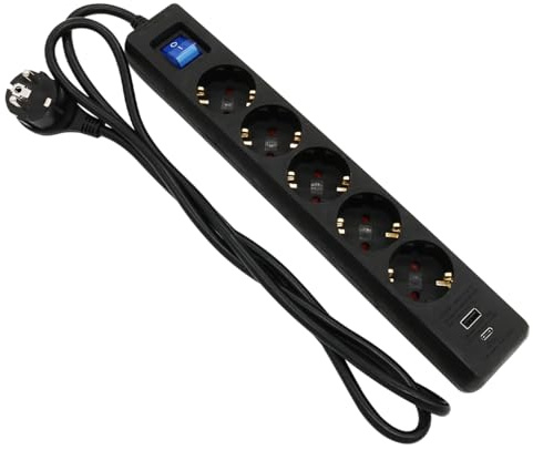 Arli - Ciabatta elettrica con 5 prese di ricarica USB, interruttore multipresa, protezione da sovratensione, spina ad angolo piatto, contatti di protezione, 5 prese, colore: Nero