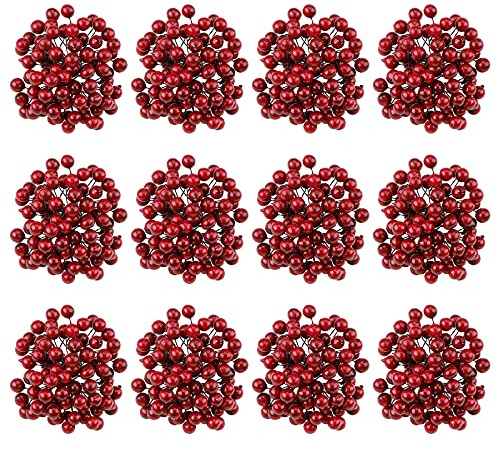 GLAITC Bayas de Navidad, 480 Piezas Decoración de Bayas Artificiales Mini Bayas de Acebo Esmerilado para Decoraciones de árboles de Navidad para Manualidades guirnaldas DIY Crimson