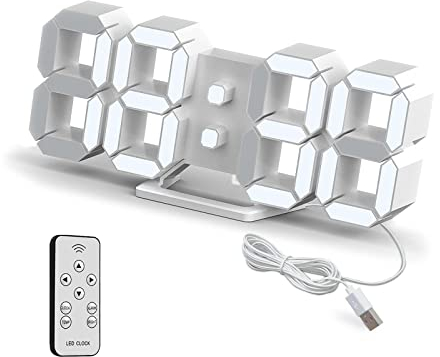 Deeyaple LED Wanduhr Digital Wecker 3D Uhr Dimmbar Snooze Modern USB 12/24Stunden Datum Temperaturanzeige Loop Display Fernbedienung Nachtlicht Wohnzimmer Küche Schlafzimmer Büro 25cm weiß
