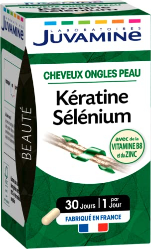 JUVAMINE - Kératine et Sélénium - Vitamine B8, Zinc et Prêle - Cheveux, Peau & Ongles - 30 Gélules d'origine végétale - Programme de 1 Mois - Fabriqué en France
