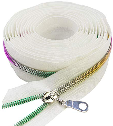 MebuZip 9 m Regenbogenzähne endlos Reißverschluss Meterware 6mm (Weiß) | Reißverschluss 25 Nonlock-Zipper für Taschen Deko DIY Basteln Nähen