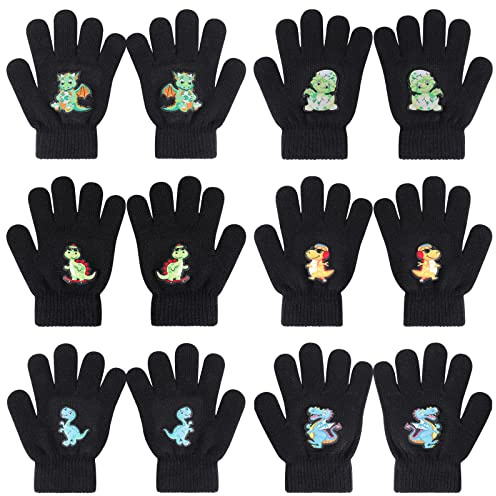 QKURT 6 Paires Gants Enfants, Gants d'hiver en Tricot pour Enfants Moufles Extensibles pour Enfants avec Motif de Dessin Animé pour 5-12 ans Garçons Filles Anniversaire Noël