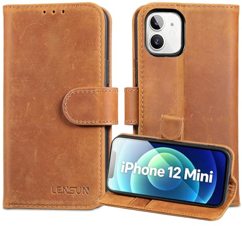 LENSUN Echtleder Handyhülle für iPhone 12 Mini, Vintage Braun | Echtes Leder Hülle, Magnet Verschluss, RFID Schutz, Wallet Fach, Flip Handytasche Lederhülle