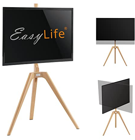 EasyLife – TV-stativ trästaffli tripod – studio TV-stativ upp till 65 tum och 40 kg TV/bildskärm, vridbar, höjdjusterbar, kabelhantering, VESA upp till 400 x 400 (svart/bok)