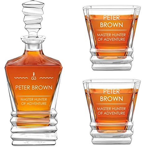 Maverton Engraved Whiskey Set for Man - Elegant Geometric Carafe with 2/4/ 6 Glasses for him - Geometric Set with Engraving - Customised Barware for Birthday - for Whisky Connoisseurs - Anchor
