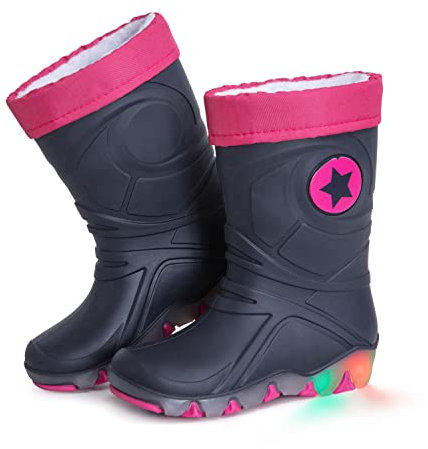 CLUB4BRANDS Kinder-Regenstiefel | Gummistiefel mit herausnehmbarem Warmfutter | Blinkeffekt in der Sohle | Reflektierende Details von 3M Scotchlite | Made in Italy (28/29 - Blau/Fuchsia)