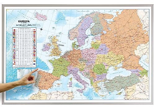 ORBIT GLOBES & MAPS - Politische Europakarte in deutsch, Pinnwand mit Holzrahmen, Aktuell 2025, 90x60 cm, deutsch, Maßstab 1:46 Mio mit Fähnchen und Pins sowie Befestigungsmaterial